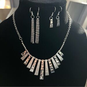 Statement Necklace Set with 2 pairs of matching earrings, silver tone metal